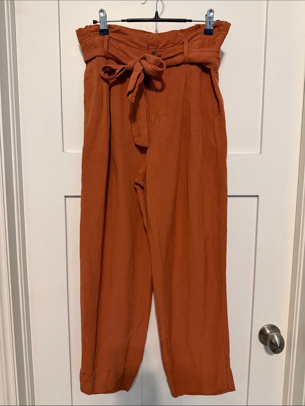 Madewell Wide-Leg Pleated Linen Blend Pants in Rust Orange with Tie Belt